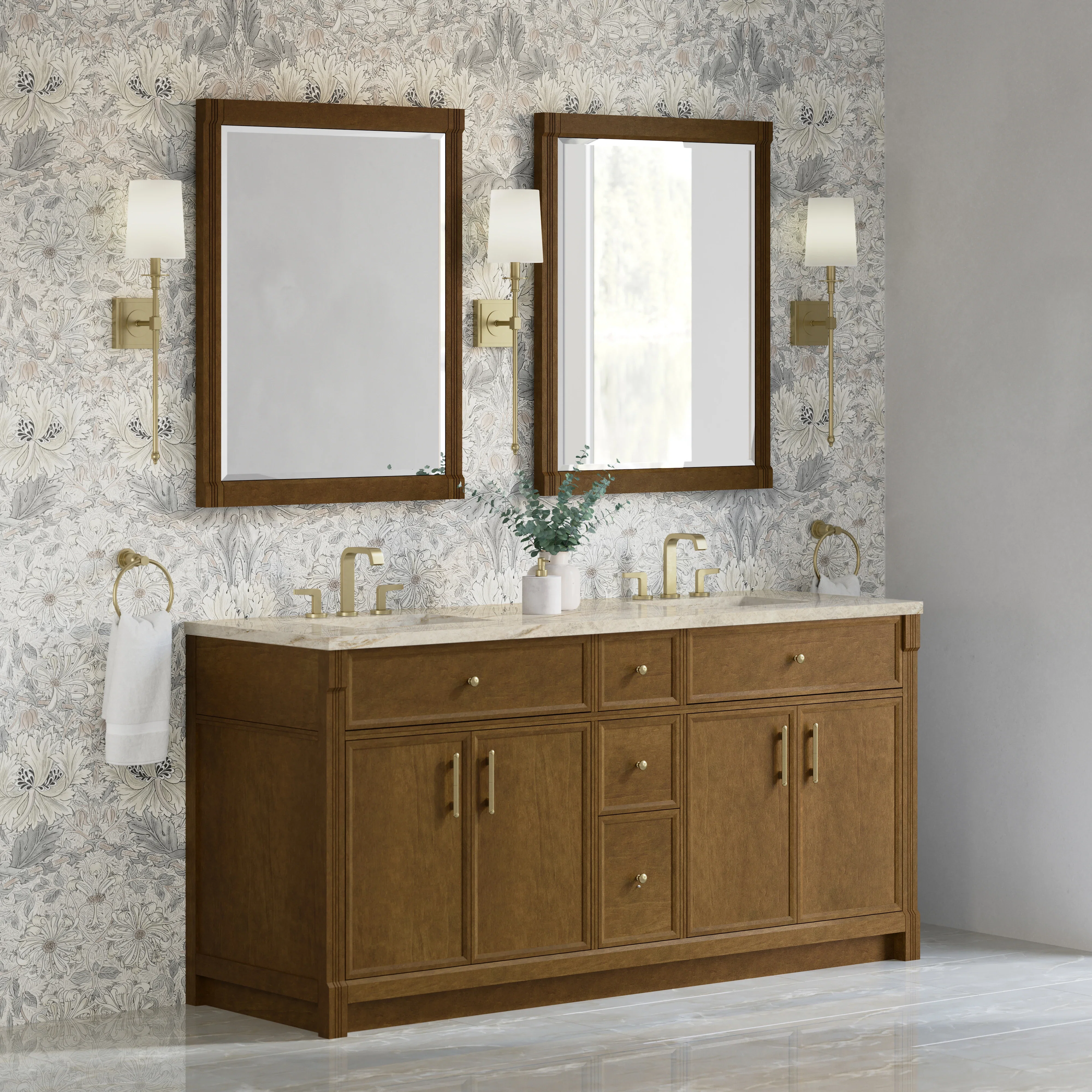 Bellshire 72" Double Vanity, Honey Oak w/ 3 CM Tajnar Eclos Top w/FreePower Wireless Charger