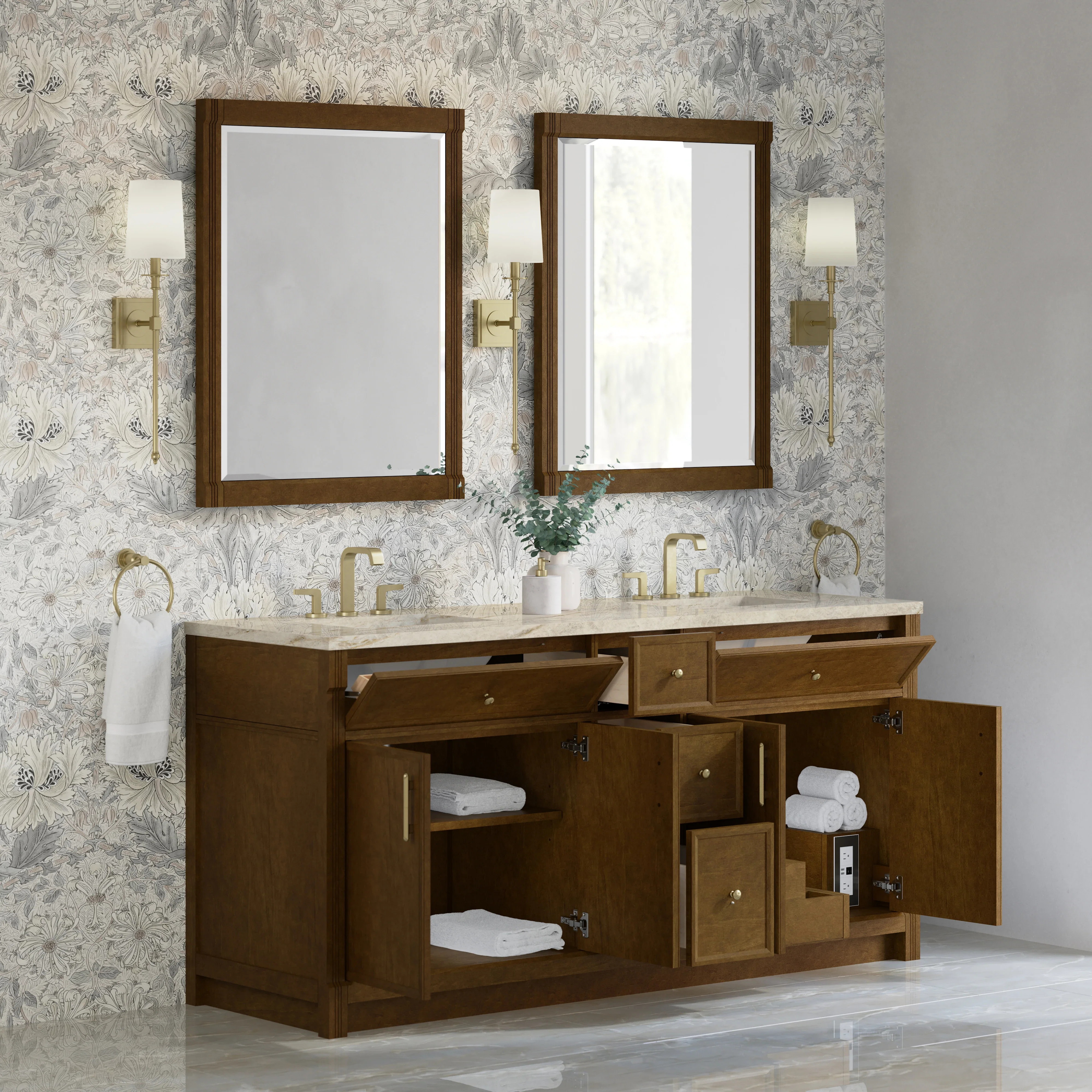 Bellshire 72" Double Vanity, Honey Oak w/ 3 CM Tajnar Eclos Top w/FreePower Wireless Charger