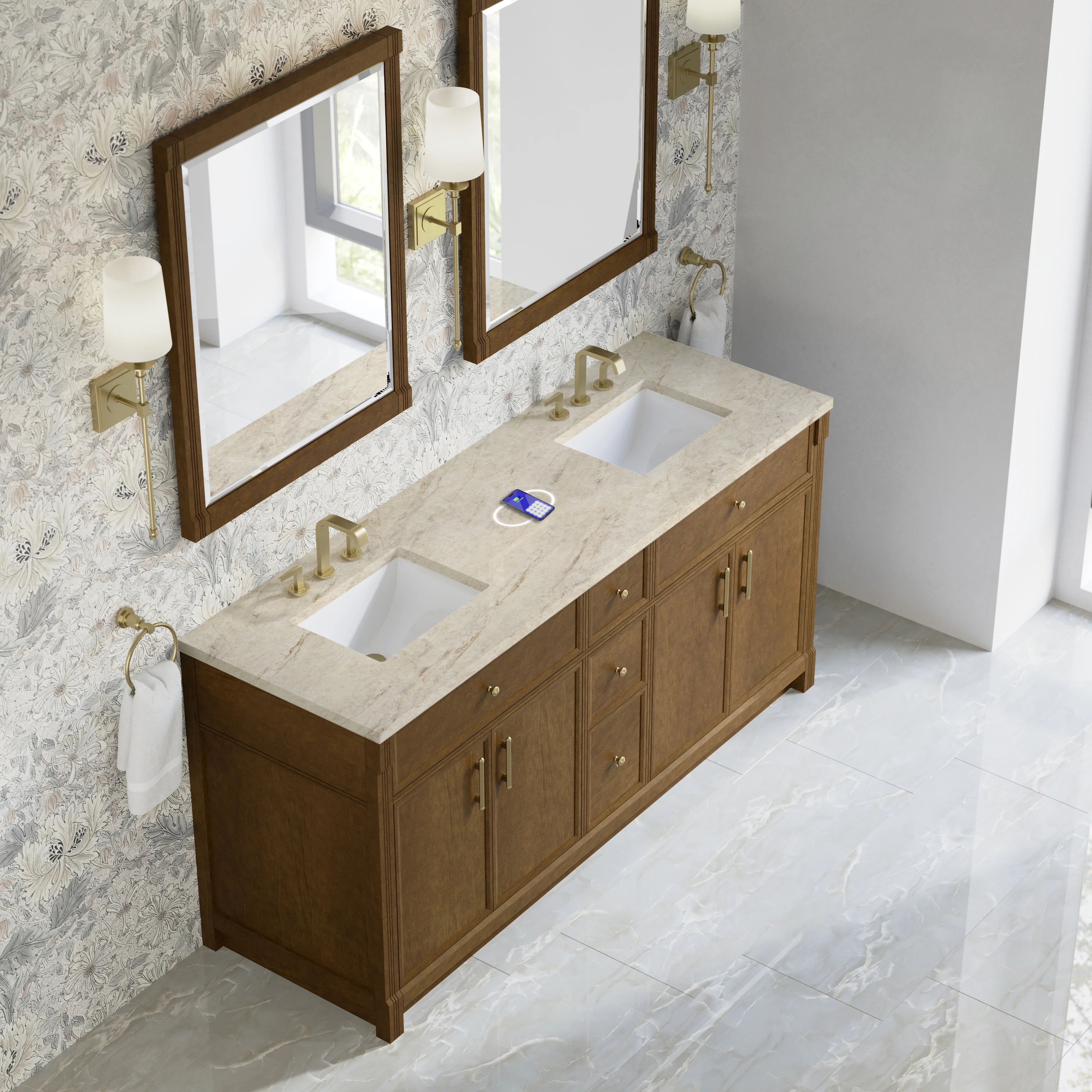 Bellshire 72" Double Vanity, Honey Oak w/ 3 CM Tajnar Eclos Top w/FreePower Wireless Charger