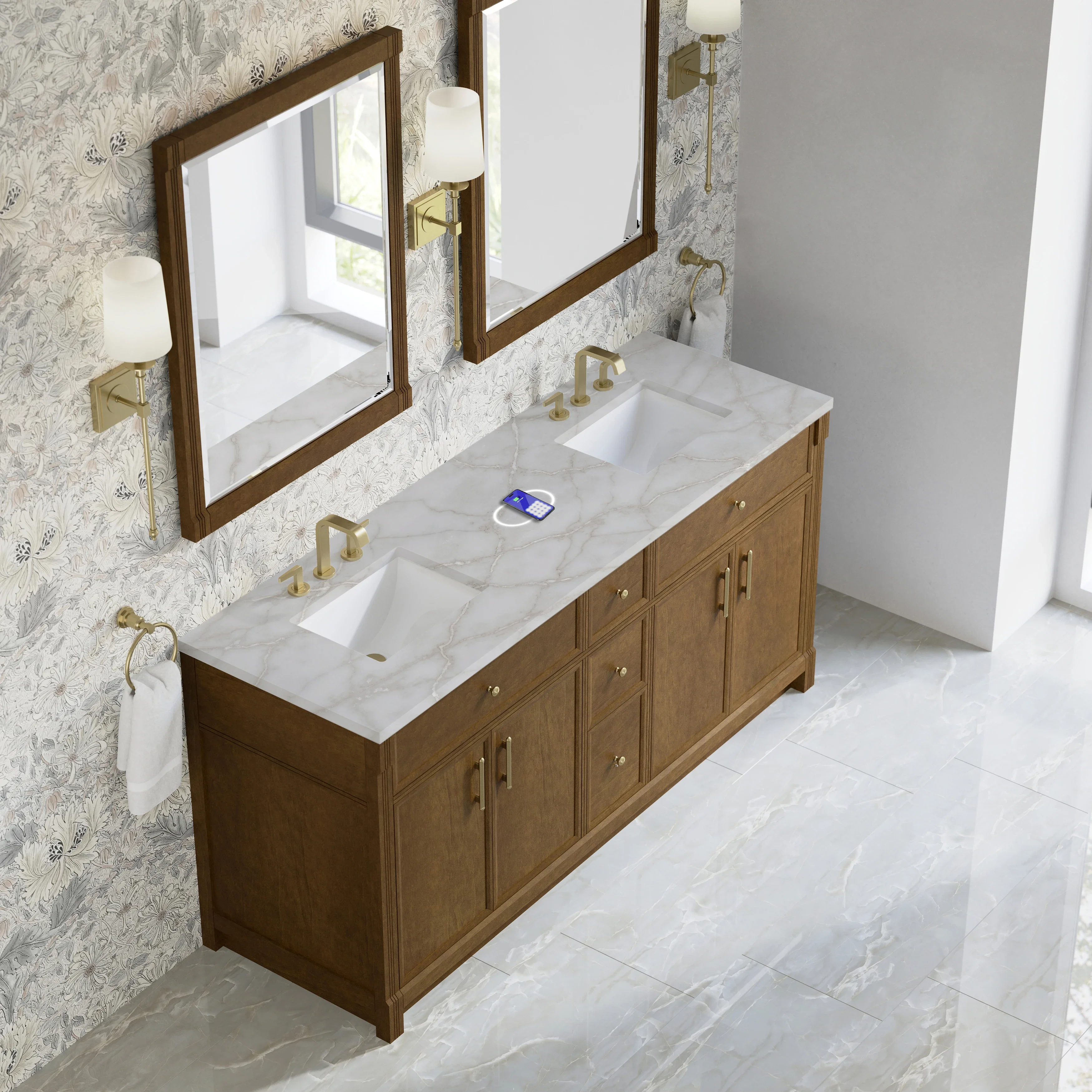 Bellshire 72" Double Vanity, Honey Oak w/ 3 CM Victorian Silver Silestone Top w/FreePower Wireless Charger