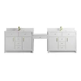 Bellshire 120" Dual Vanity Set with 24" Make-Up Counter, Bright White w/Single Hole 3 cm White Zeus Silestone Top & Backsplash