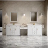 Bellshire 120" Dual Vanity Set with 24" Make-Up Counter, Bright White w/Single Hole 3 cm White Zeus Silestone Top & Backsplash