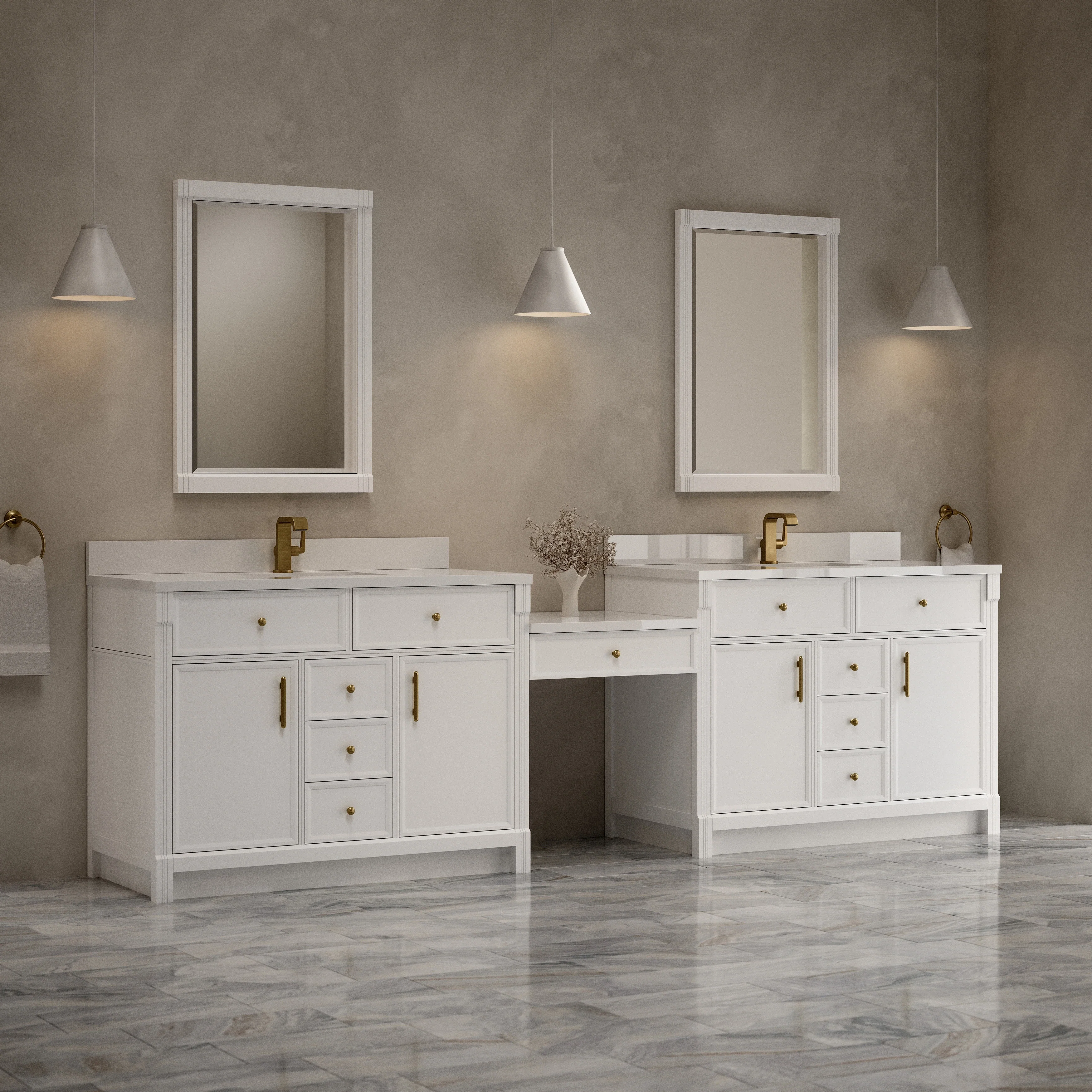 Bellshire 120" Dual Vanity Set with 24" Make-Up Counter, Bright White w/Single Hole 3 cm White Zeus Silestone Top & Backsplash