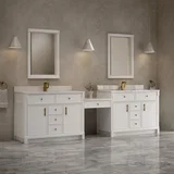 Bellshire 120" Dual Vanity Set with 24" Make-Up Counter, Bright White w/Single Hole 3 cm White Zeus Silestone Top & Backsplash