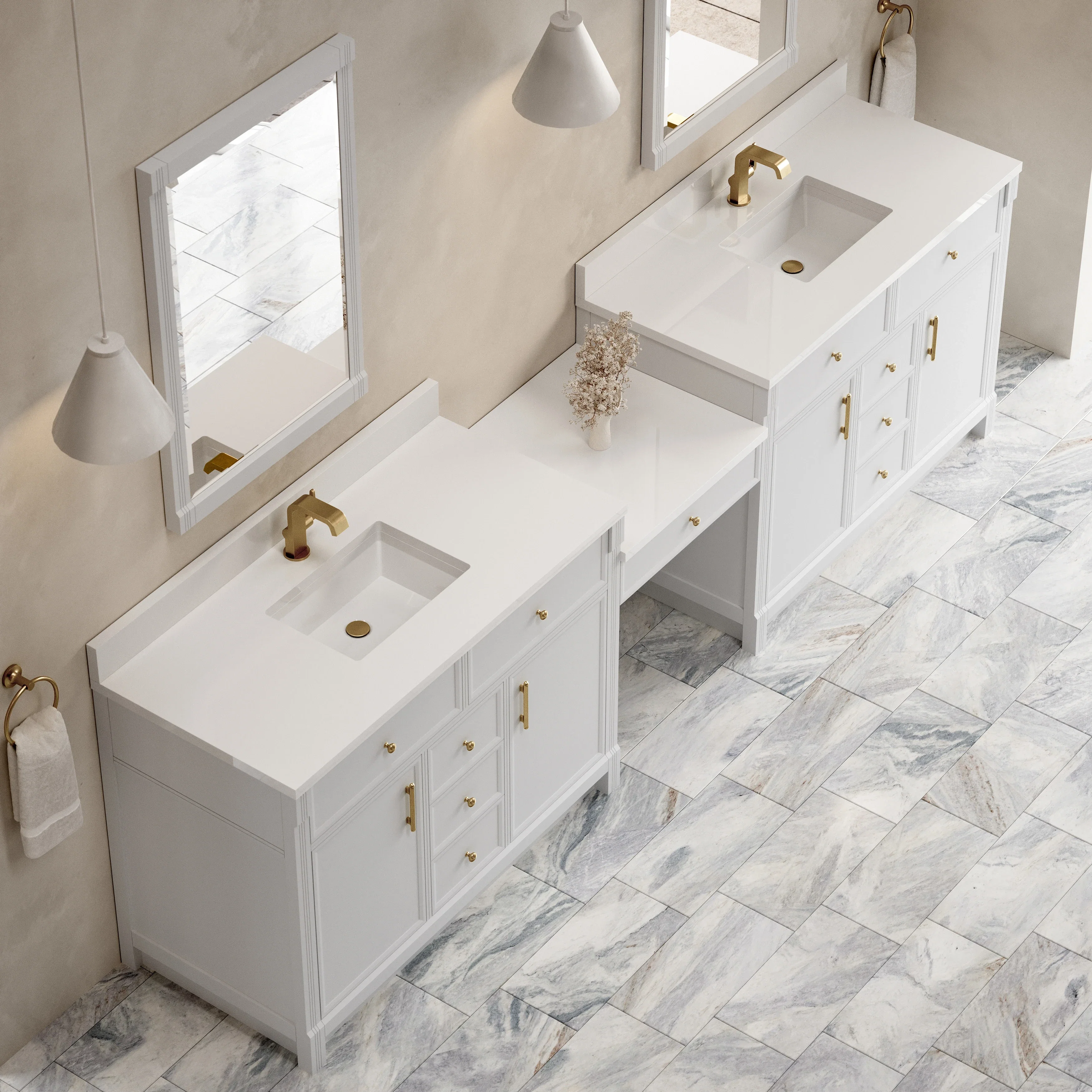 Bellshire 120" Dual Vanity Set with 24" Make-Up Counter, Bright White w/Single Hole 3 cm White Zeus Silestone Top & Backsplash