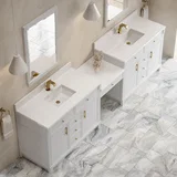 Bellshire 120" Dual Vanity Set with 24" Make-Up Counter, Bright White w/Single Hole 3 cm White Zeus Silestone Top & Backsplash
