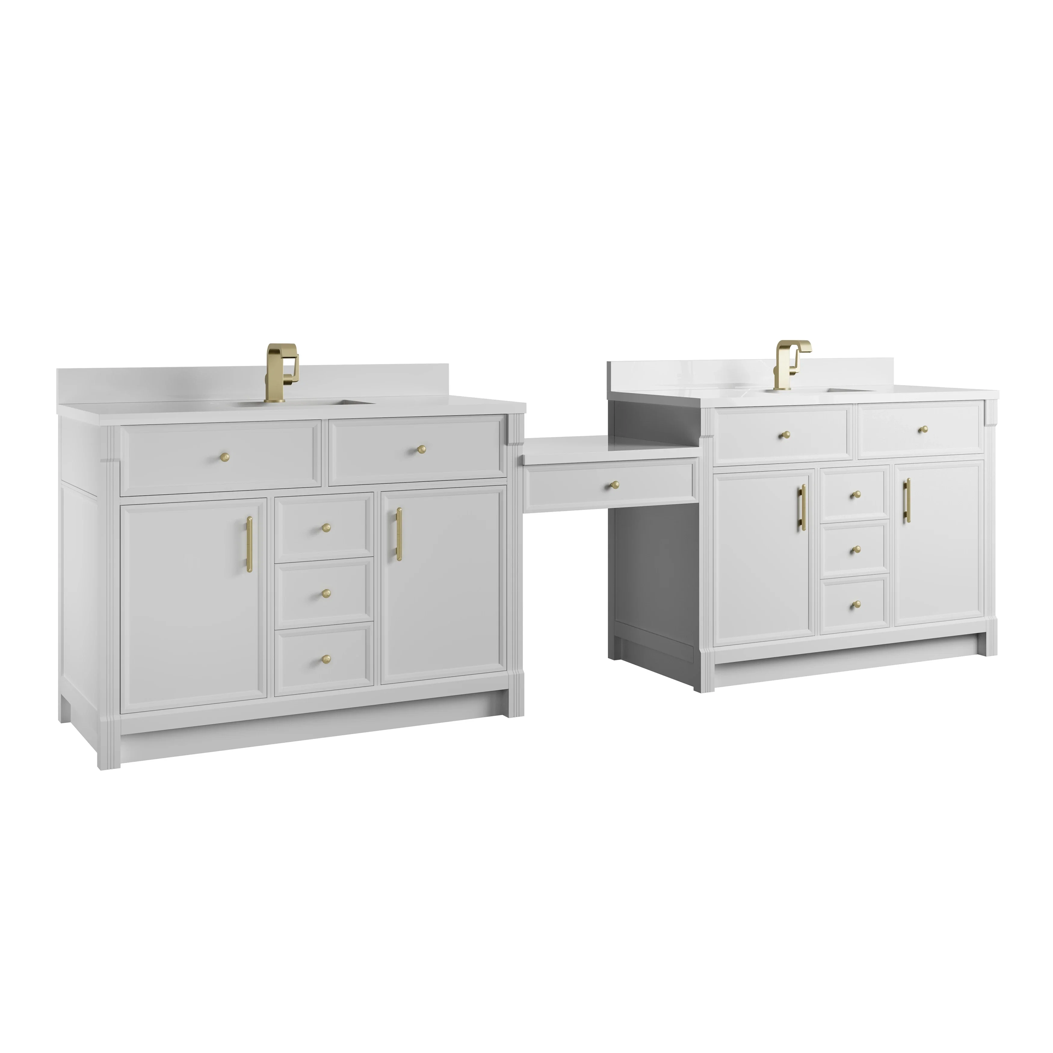 Bellshire 120" Dual Vanity Set with 24" Make-Up Counter, Bright White w/Single Hole 3 cm White Zeus Silestone Top & Backsplash