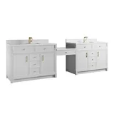Bellshire 120" Dual Vanity Set with 24" Make-Up Counter, Bright White w/Single Hole 3 cm White Zeus Silestone Top & Backsplash