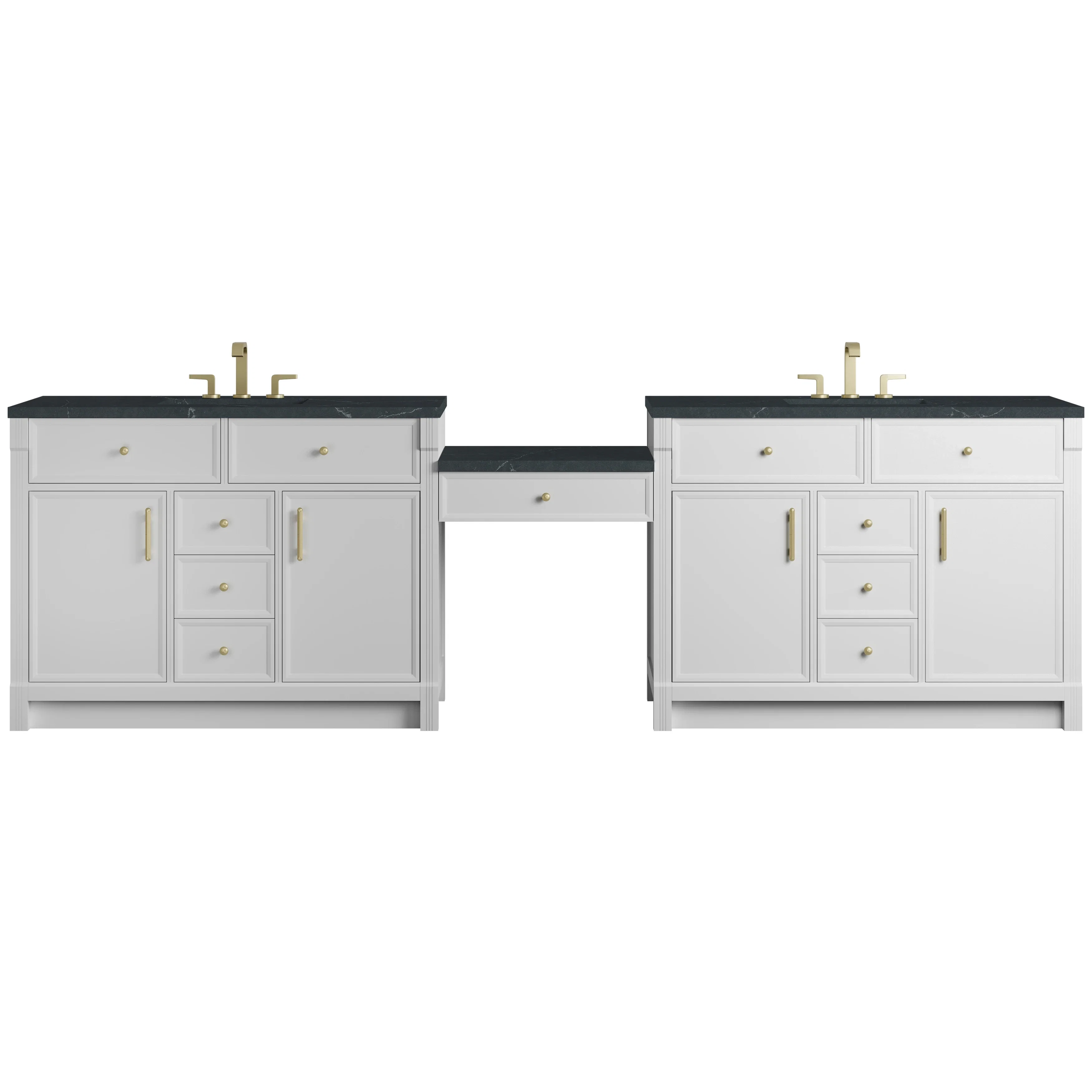 Bellshire 120" Dual Vanity Set with 24" Make-Up Counter, Bright White w/3 cm Charcoal Soapstone Silestone Top