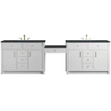 Bellshire 120" Dual Vanity Set with 24" Make-Up Counter, Bright White w/3 cm Charcoal Soapstone Silestone Top