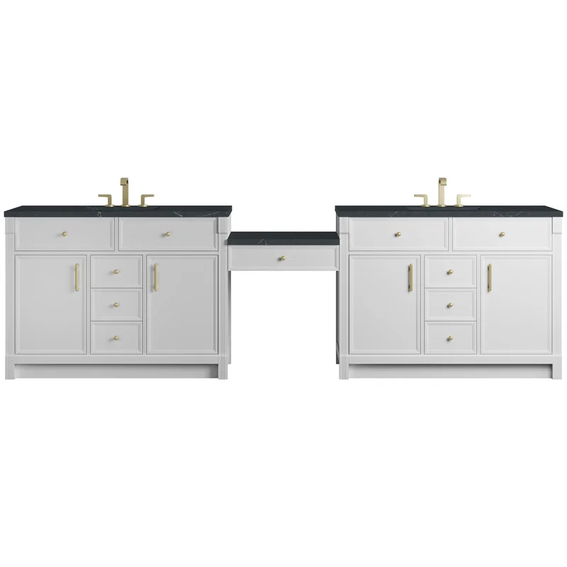 Bellshire 120" Dual Vanity Set with 24" Make-Up Counter, Bright White w/3 cm Charcoal Soapstone Silestone Top