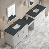 Bellshire 120" Dual Vanity Set with 24" Make-Up Counter, Bright White w/3 cm Charcoal Soapstone Silestone Top