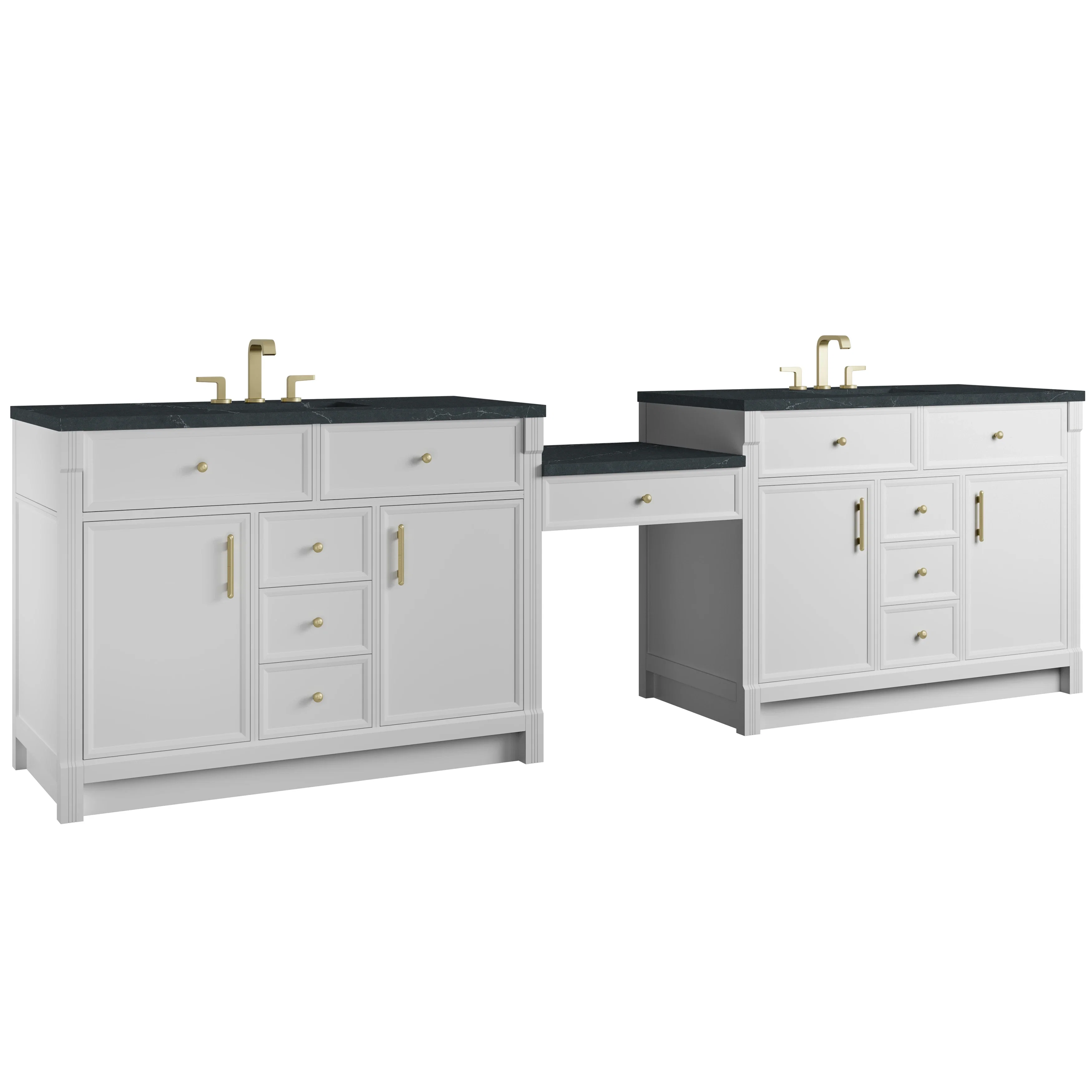 Bellshire 120" Dual Vanity Set with 24" Make-Up Counter, Bright White w/3 cm Charcoal Soapstone Silestone Top