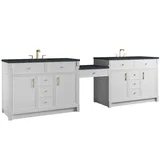 Bellshire 120" Dual Vanity Set with 24" Make-Up Counter, Bright White w/3 cm Charcoal Soapstone Silestone Top
