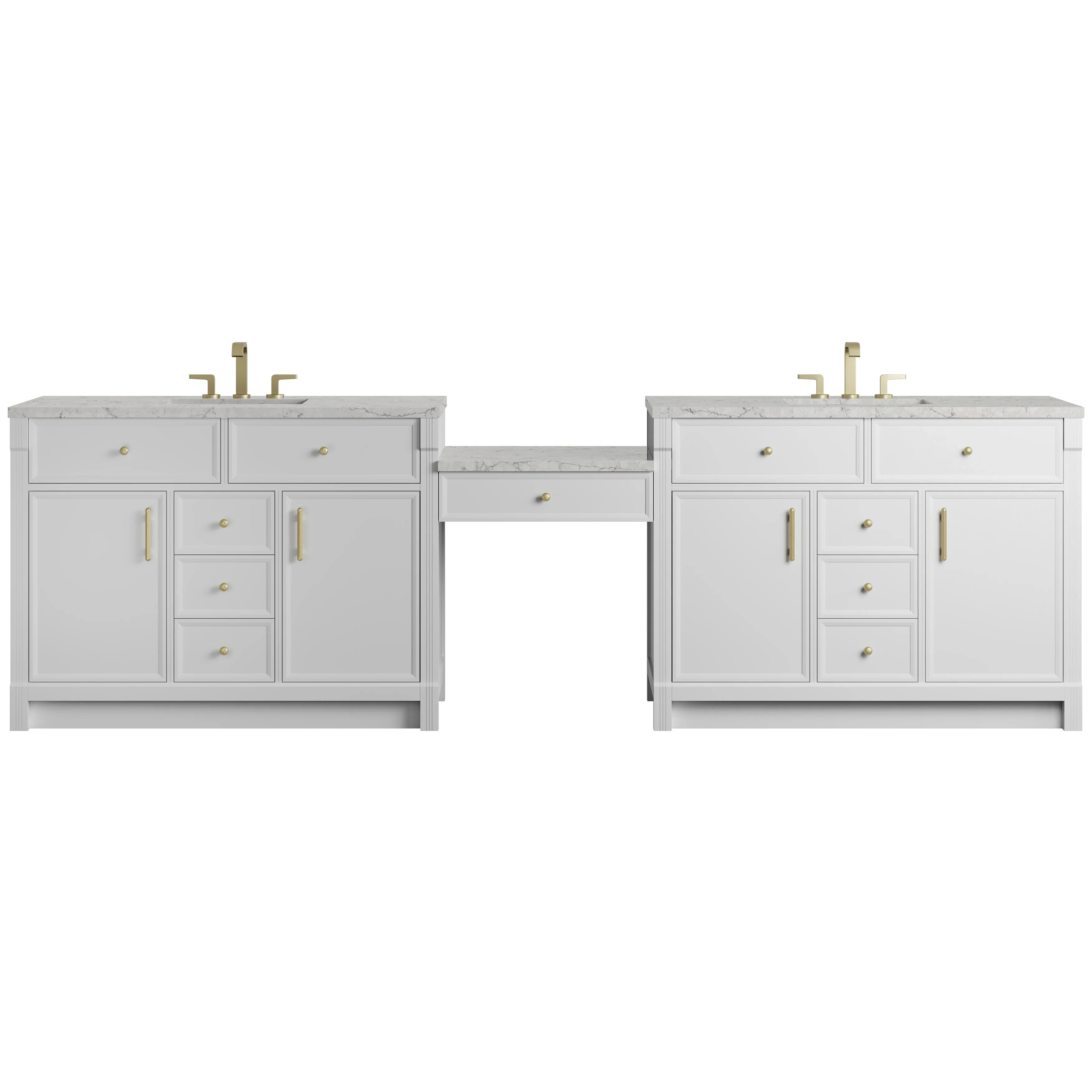 Bellshire 120" Dual Vanity Set with 24" Make-Up Counter, Bright White w/3 cm Eternal Jasmine Pearl Silestone Top
