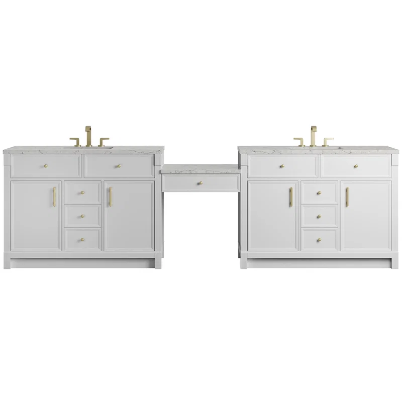 Bellshire 120" Dual Vanity Set with 24" Make-Up Counter, Bright White w/3 cm Eternal Jasmine Pearl Silestone Top