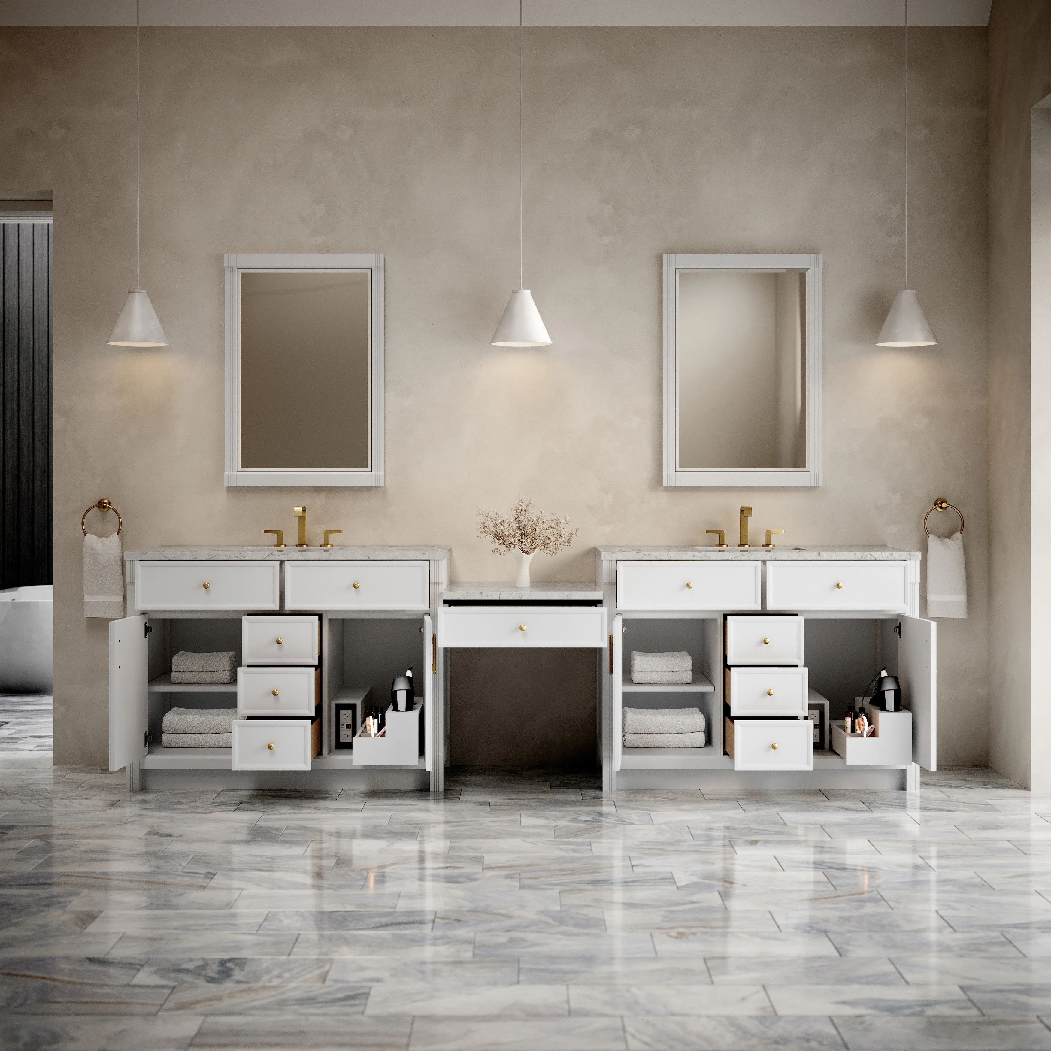 Bellshire 120" Dual Vanity Set with 24" Make-Up Counter, Bright White w/3 cm Eternal Jasmine Pearl Silestone Top
