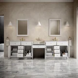 Bellshire 120" Dual Vanity Set with 24" Make-Up Counter, Bright White w/3 cm Eternal Jasmine Pearl Silestone Top