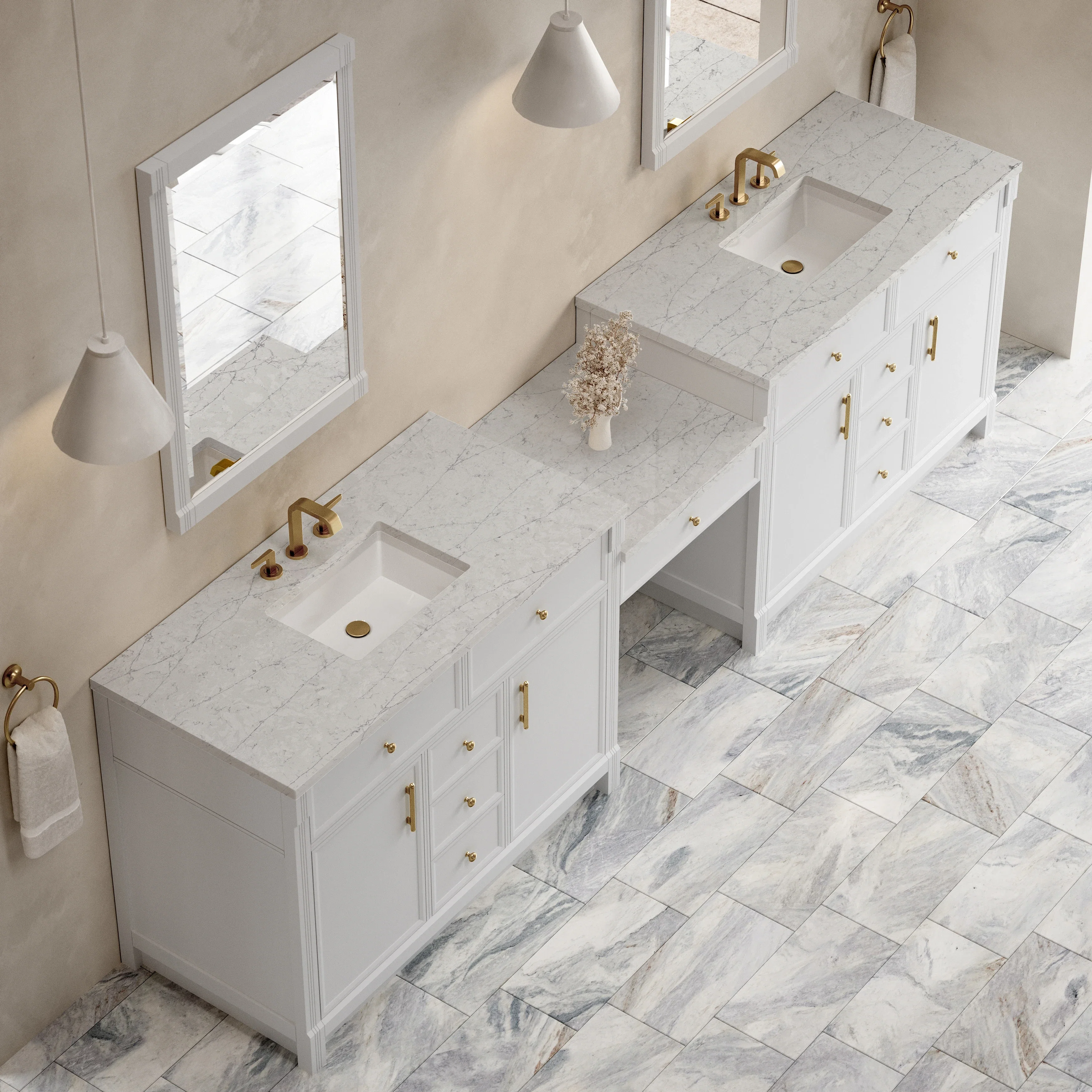 Bellshire 120" Dual Vanity Set with 24" Make-Up Counter, Bright White w/3 cm Eternal Jasmine Pearl Silestone Top