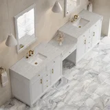 Bellshire 120" Dual Vanity Set with 24" Make-Up Counter, Bright White w/3 cm Eternal Jasmine Pearl Silestone Top