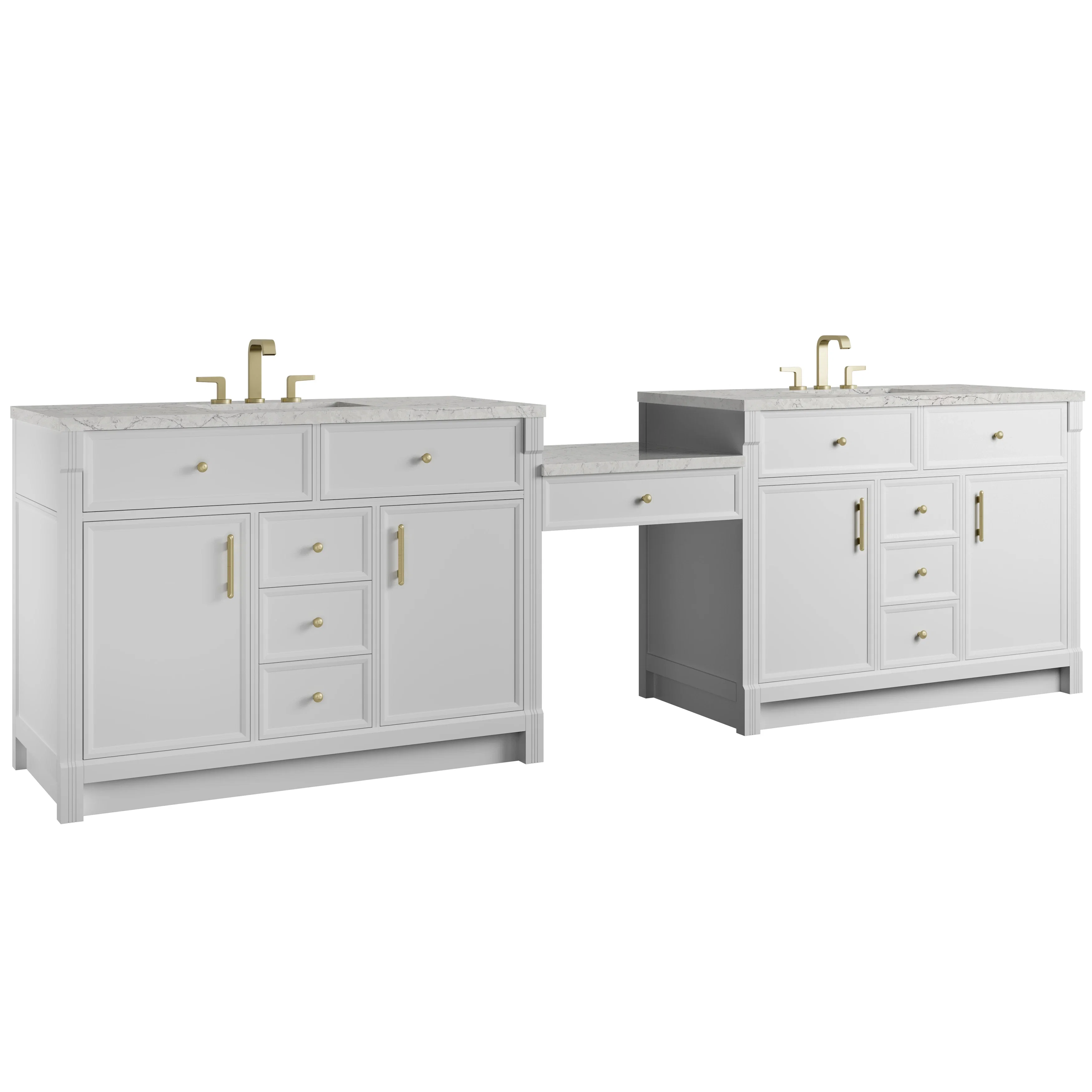 Bellshire 120" Dual Vanity Set with 24" Make-Up Counter, Bright White w/3 cm Eternal Jasmine Pearl Silestone Top