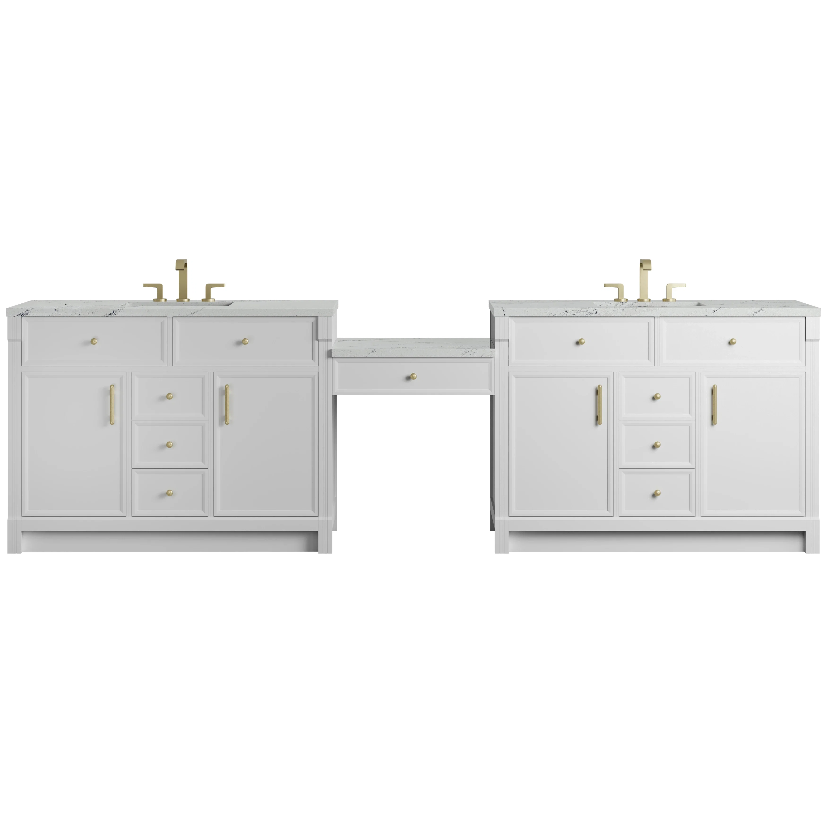 Bellshire 120" Dual Vanity Set with 24" Make-Up Counter, Bright White w/3 cm Ethereal Noctis Silestone Top