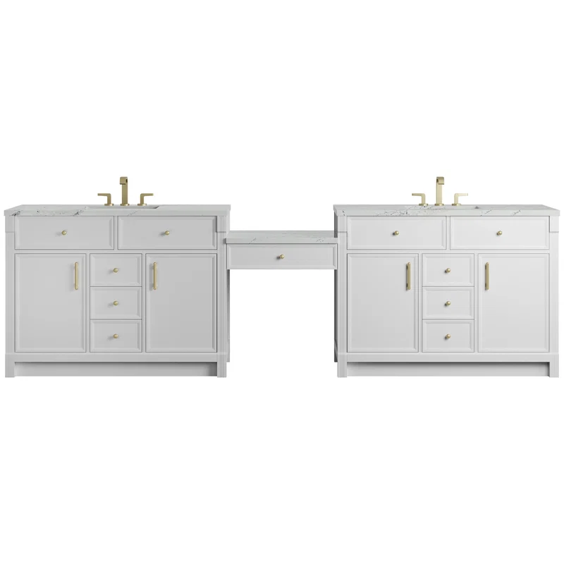 Bellshire 120" Dual Vanity Set with 24" Make-Up Counter, Bright White w/3 cm Ethereal Noctis Silestone Top