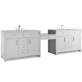 Bellshire 120" Dual Vanity Set with 24" Make-Up Counter, Bright White w/3 cm Ethereal Noctis Silestone Top