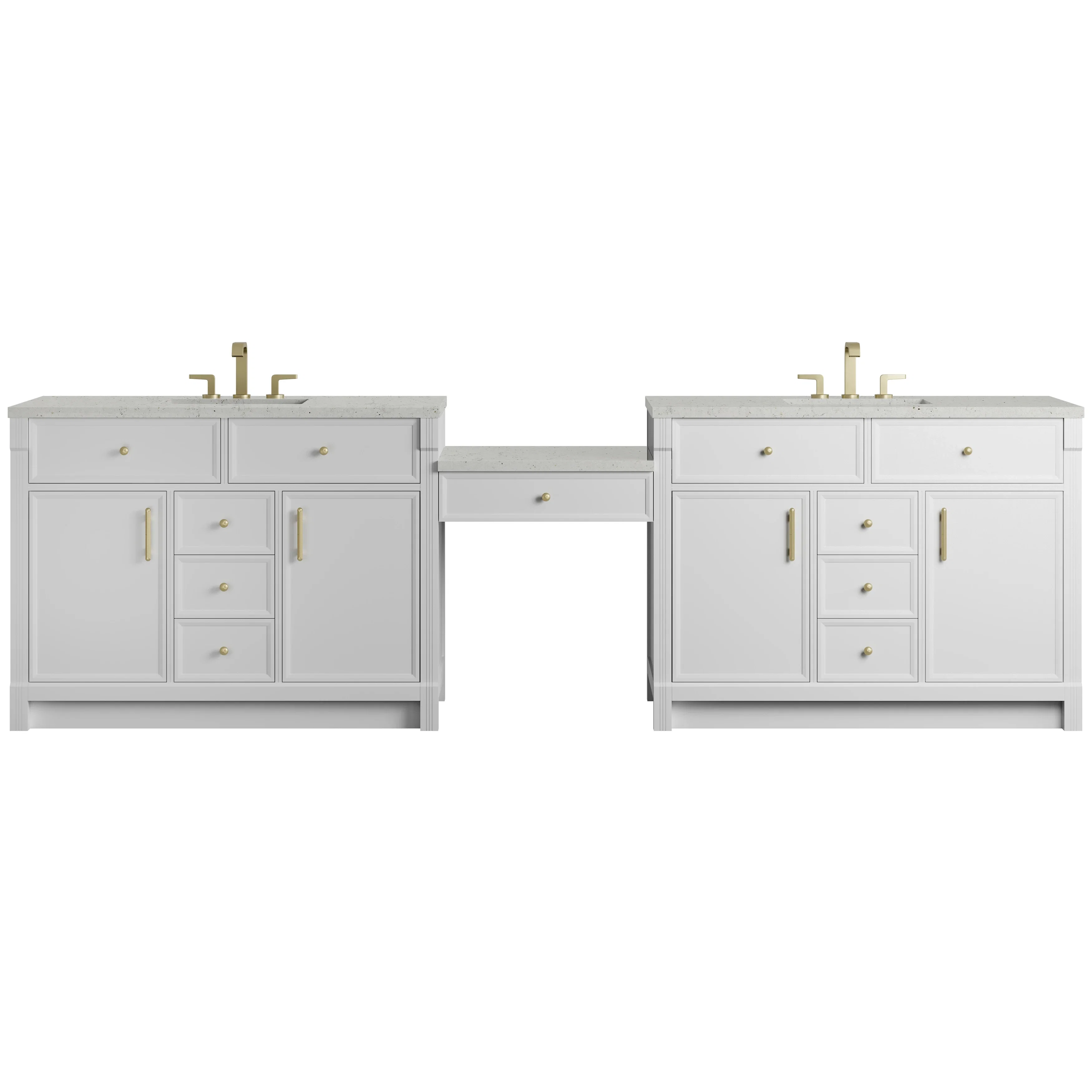 Bellshire 120" Dual Vanity Set with 24" Make-Up Counter, Bright White w/3 cm Lime Delight Silestone Top
