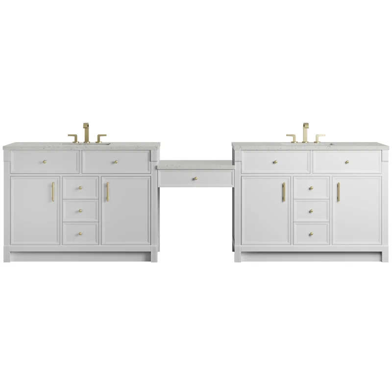 Bellshire 120" Dual Vanity Set with 24" Make-Up Counter, Bright White w/3 cm Lime Delight Silestone Top