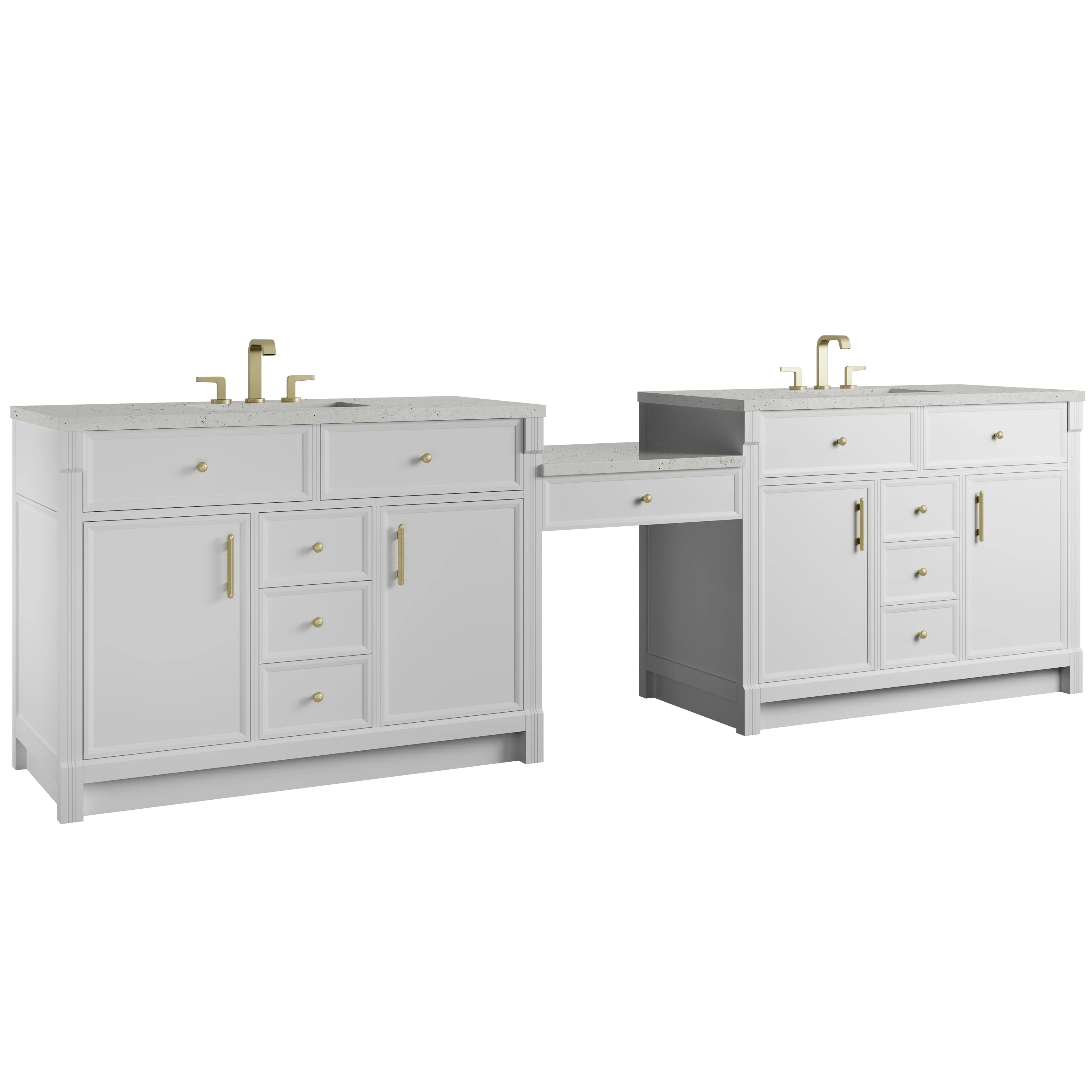 Bellshire 120" Dual Vanity Set with 24" Make-Up Counter, Bright White w/3 cm Lime Delight Silestone Top