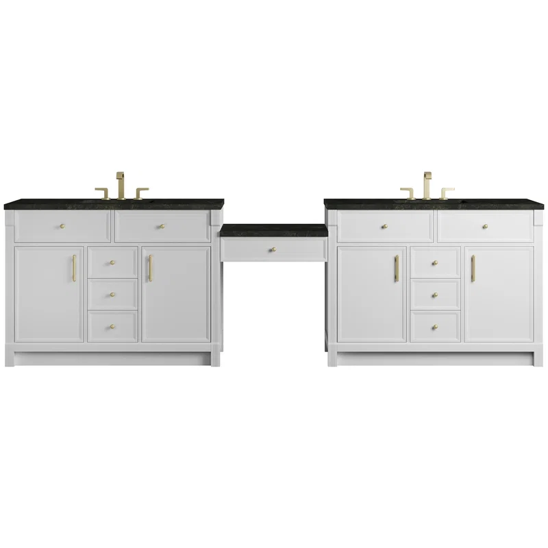 Bellshire 120" Dual Vanity Set with 24" Make-Up Counter, Bright White w/3 cm Phantome Eclos Top