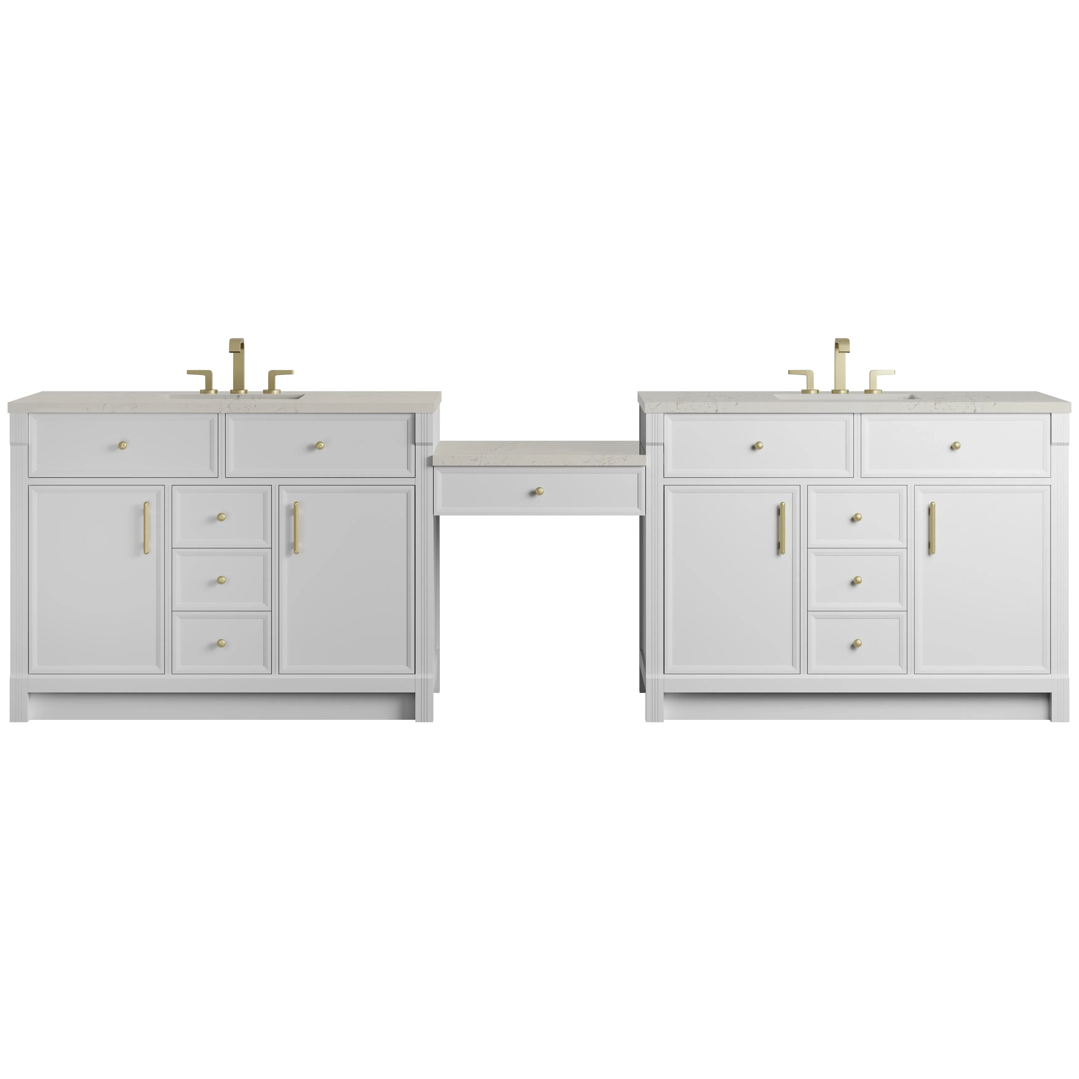 Bellshire 120" Dual Vanity Set with 24" Make-Up Counter, Bright White w/3 cm Siberian Silestone Top