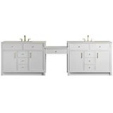 Bellshire 120" Dual Vanity Set with 24" Make-Up Counter, Bright White w/3 cm Siberian Silestone Top