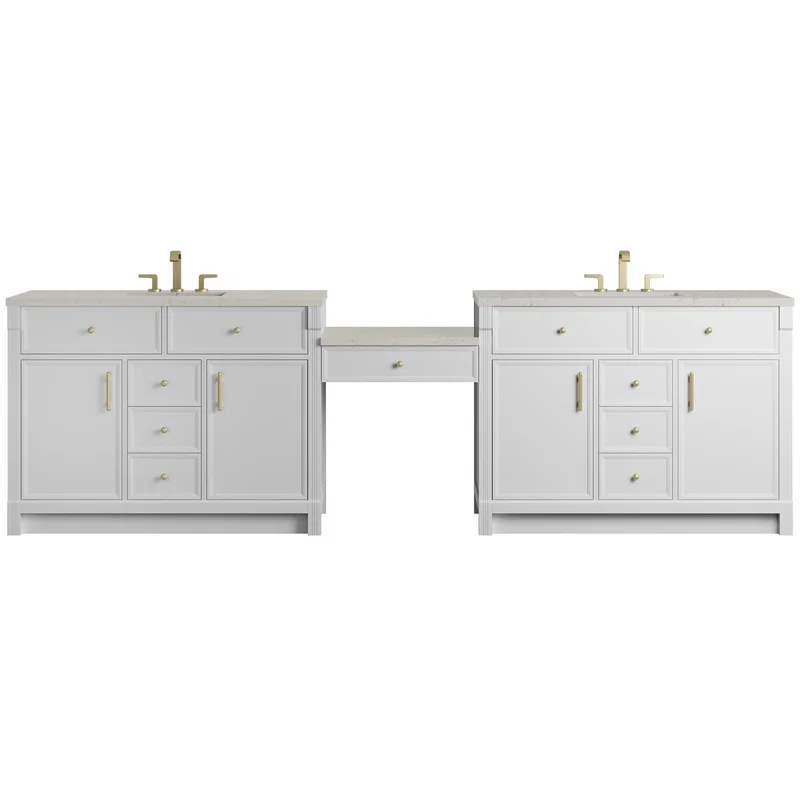 Bellshire 120" Dual Vanity Set with 24" Make-Up Counter, Bright White w/3 cm Siberian Silestone Top