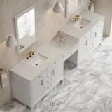 Bellshire 120" Dual Vanity Set with 24" Make-Up Counter, Bright White w/3 cm Siberian Silestone Top