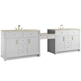 Bellshire 120" Dual Vanity Set with 24" Make-Up Counter, Bright White w/3 cm Tajnar Eclos Top