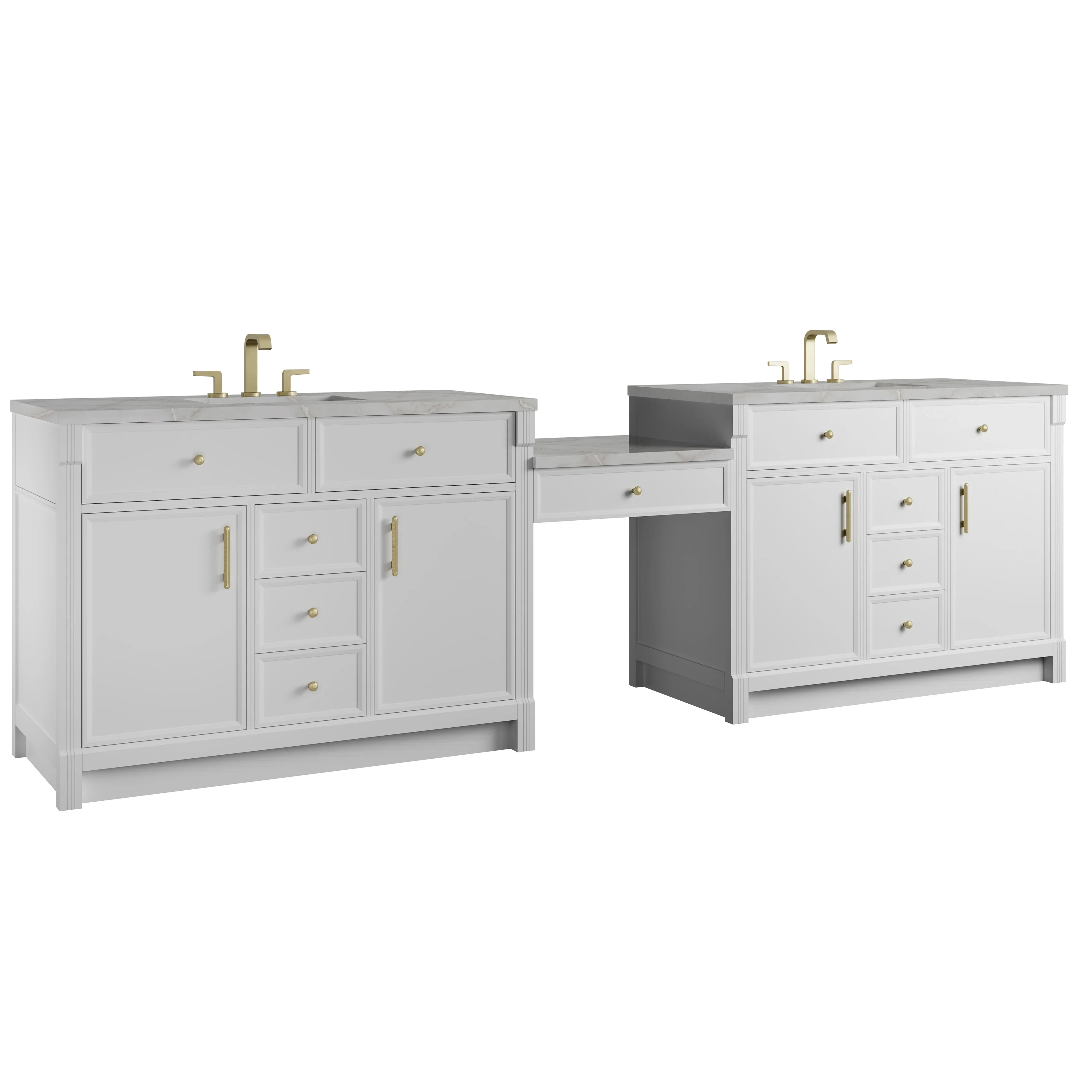 Bellshire 120" Dual Vanity Set with 24" Make-Up Counter, Bright White w/3 cm Victorian Silver Silestone Top