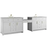 Bellshire 120" Dual Vanity Set with 24" Make-Up Counter, Bright White w/3 cm Victorian Silver Silestone Top