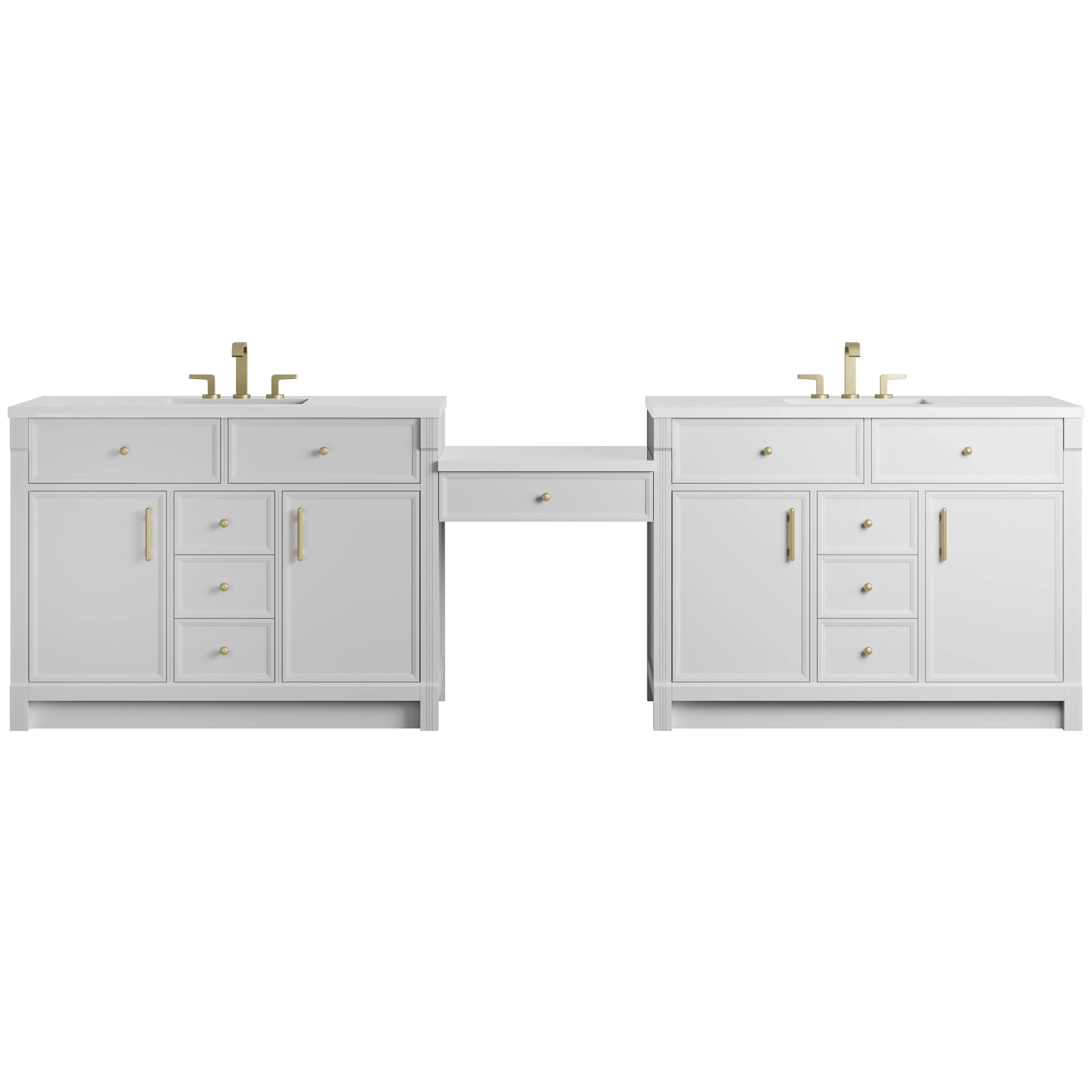 Bellshire 120" Dual Vanity Set with 24" Make-Up Counter, Bright White w/3 cm White Zeus Silestone Top
