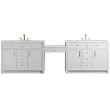 Bellshire 120" Dual Vanity Set with 24" Make-Up Counter, Bright White w/3 cm White Zeus Silestone Top