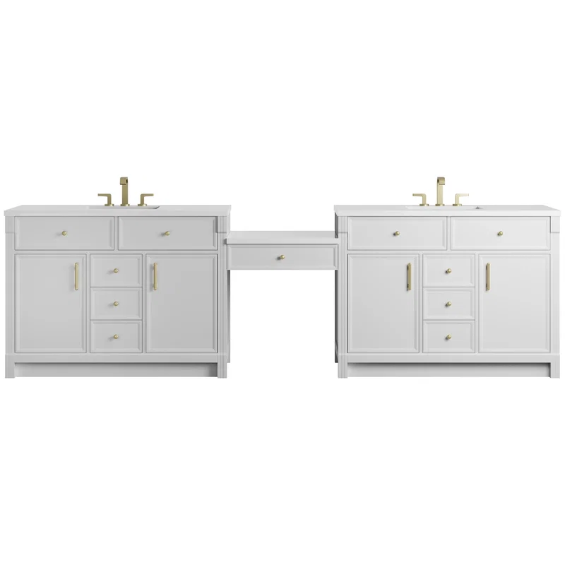 Bellshire 120" Dual Vanity Set with 24" Make-Up Counter, Bright White w/3 cm White Zeus Silestone Top