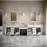 Bellshire 120" Dual Vanity Set with 24" Make-Up Counter, Bright White w/3 cm White Zeus Silestone Top