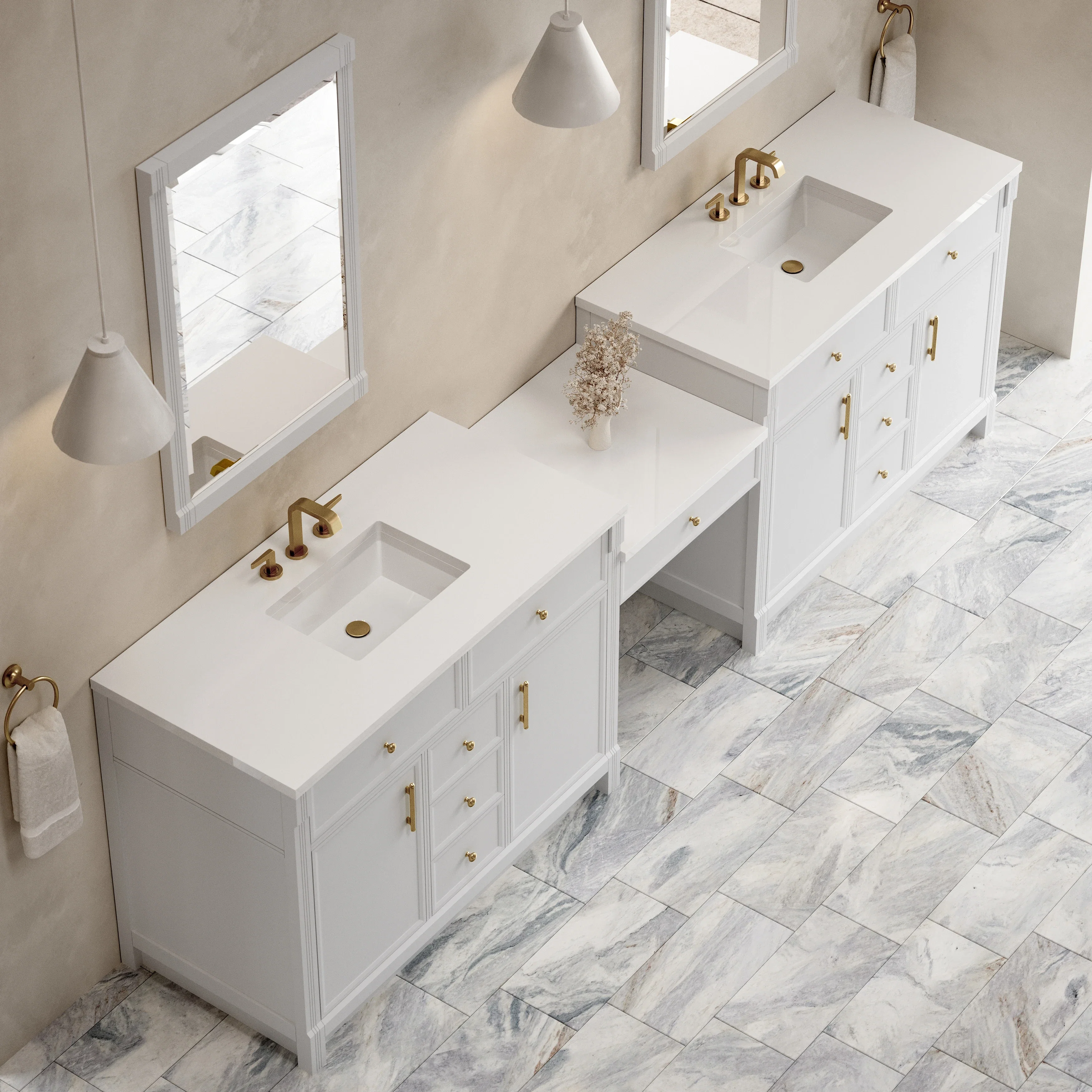 Bellshire 120" Dual Vanity Set with 24" Make-Up Counter, Bright White w/3 cm White Zeus Silestone Top