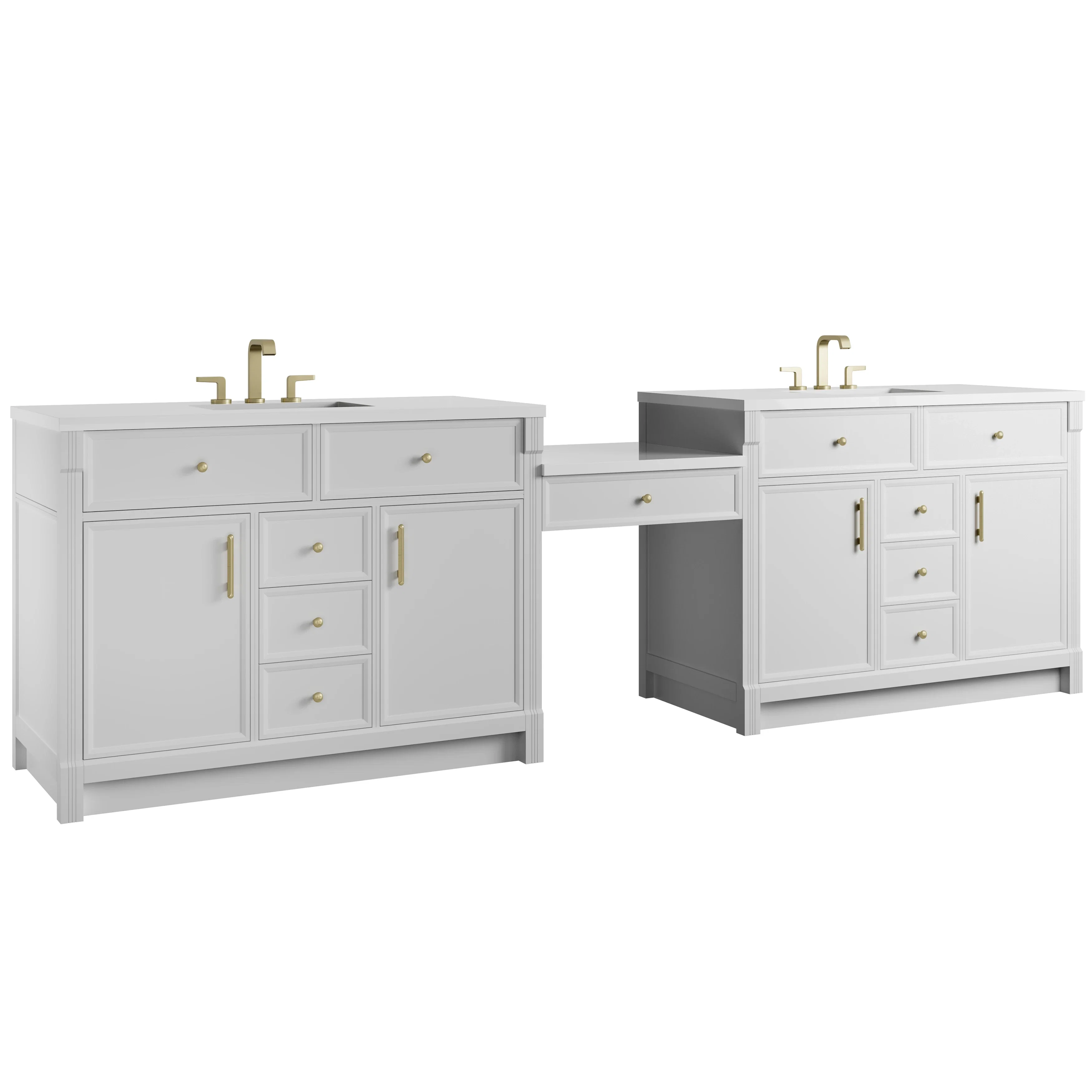 Bellshire 120" Dual Vanity Set with 24" Make-Up Counter, Bright White w/3 cm White Zeus Silestone Top