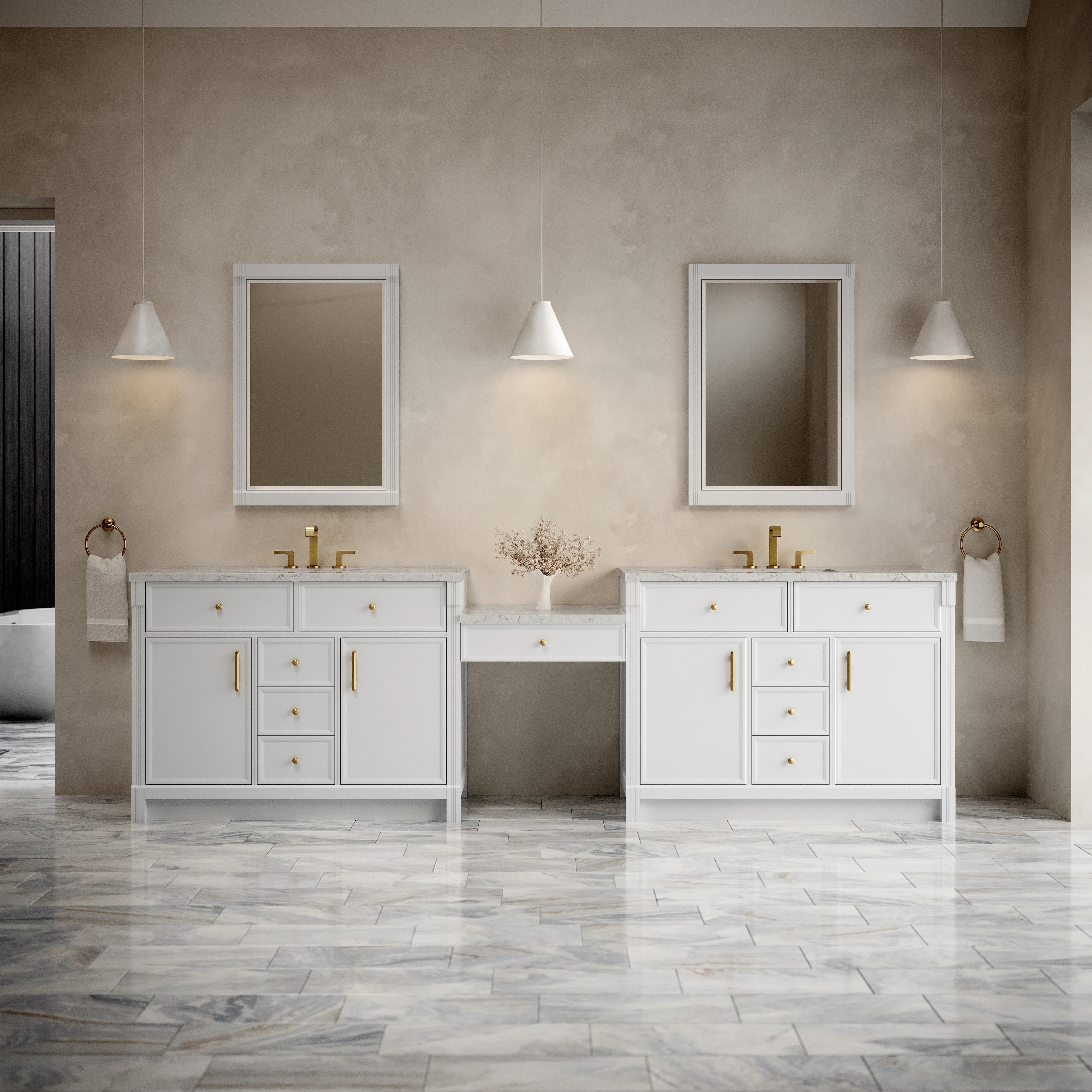 Bellshire 120" Dual Vanity Set with 24" Make-Up Counter, Bright White w/3 cm Eternal Jasmine Pearl Silestone Top w/FreePower Wireless Charger