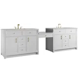 Bellshire 120" Dual Vanity Set with 24" Make-Up Counter, Bright White w/3 cm Eternal Jasmine Pearl Silestone Top w/FreePower Wireless Charger