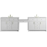 Bellshire 120" Dual Vanity Set with 24" Make-Up Counter, Bright White w/3 cm Ethereal Noctis Silestone Top w/FreePower Wireless Charger