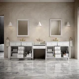 Bellshire 120" Dual Vanity Set with 24" Make-Up Counter, Bright White w/3 cm Ethereal Noctis Silestone Top w/FreePower Wireless Charger