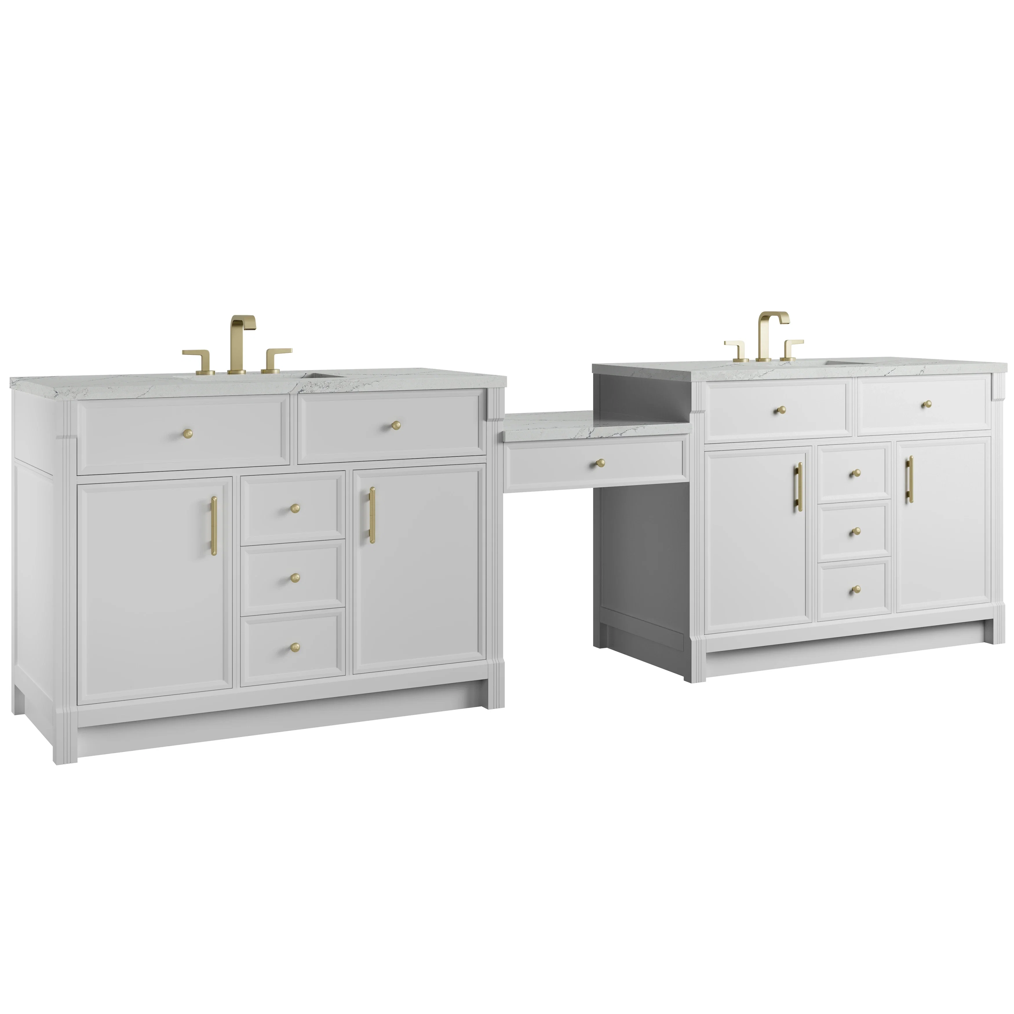 Bellshire 120" Dual Vanity Set with 24" Make-Up Counter, Bright White w/3 cm Ethereal Noctis Silestone Top w/FreePower Wireless Charger